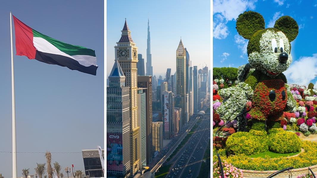 Collage-images-of-in-UAE-including-the-tallest-hotel-and-the-UAE-flag-and-a-floral-mickey-mouse-sculpture