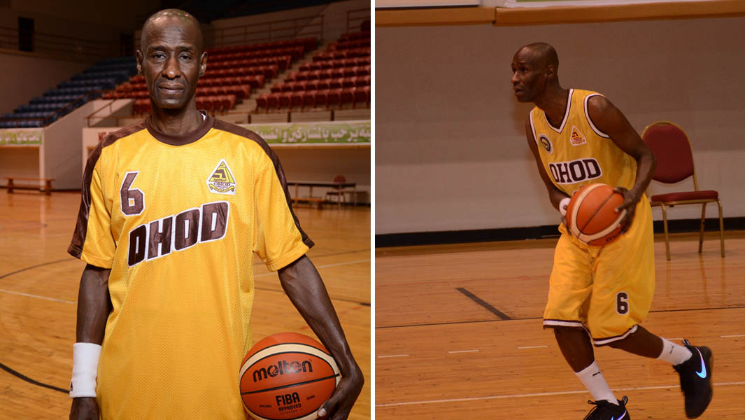 A-collage-of-Abdulmohsen-Khalaf-playing-basketball-and-a-portrait-of-him-holding-a-basketball