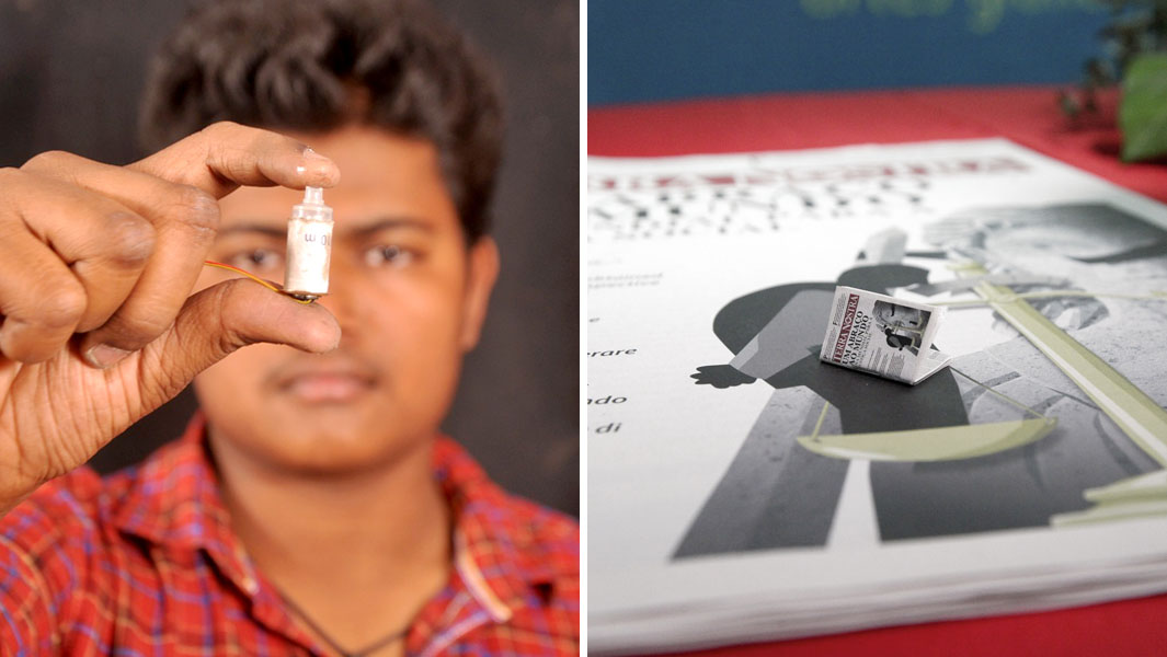 A-collage-image-of-a-man-holding-the-smallest-vacuum-cleaner-and-an-image-of-the-smallest-newspaper