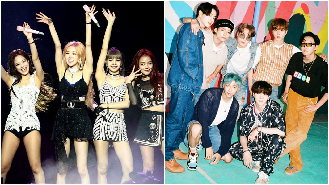split image of black pink and bts