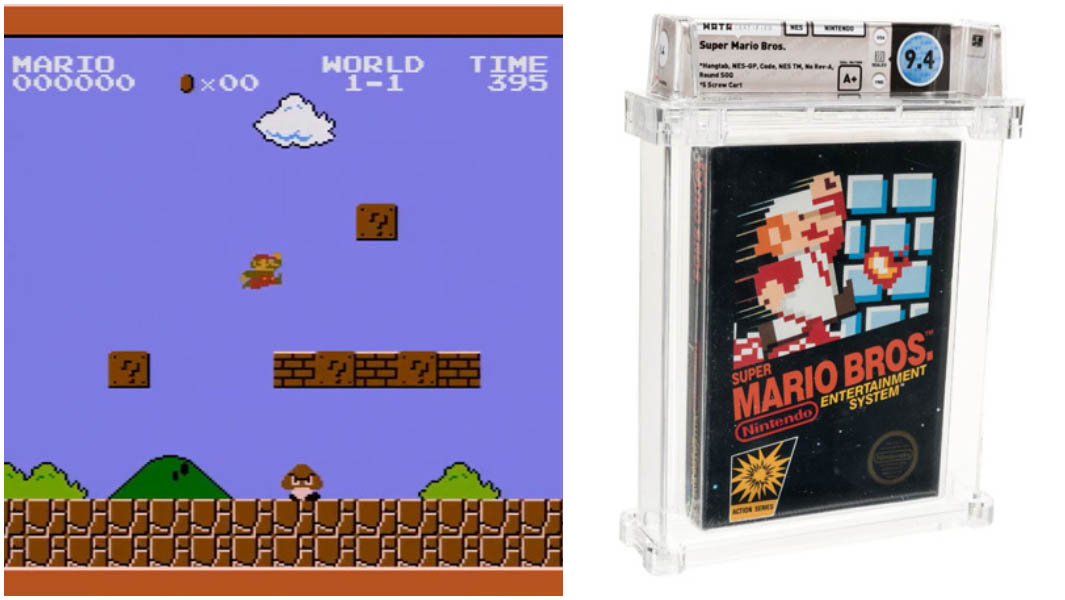 Split image showing packshot of Super Mario Bros game from 198 in original case and image of game play