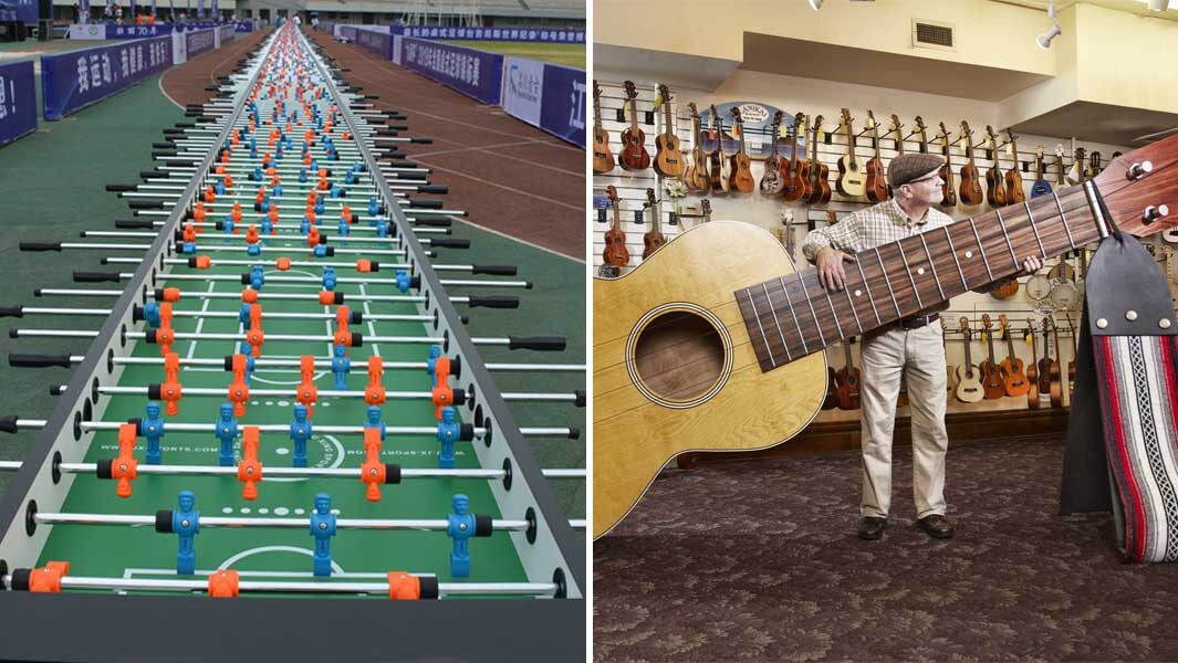A-collage-image-of-the-longest-foosball-and-largest-ukulele