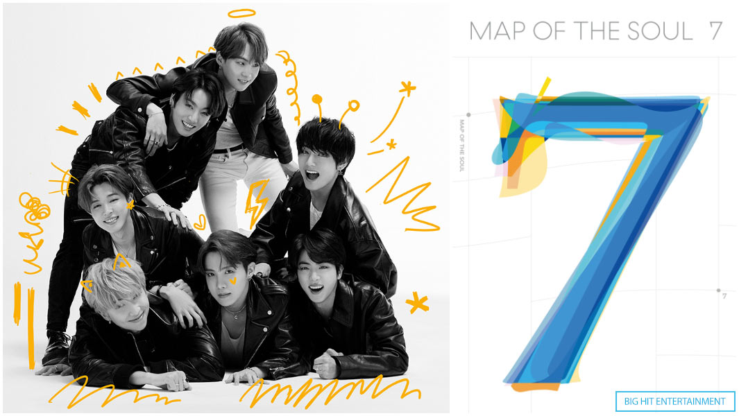 image of bts with yellow doodles and image of map of the soul 7 album cover