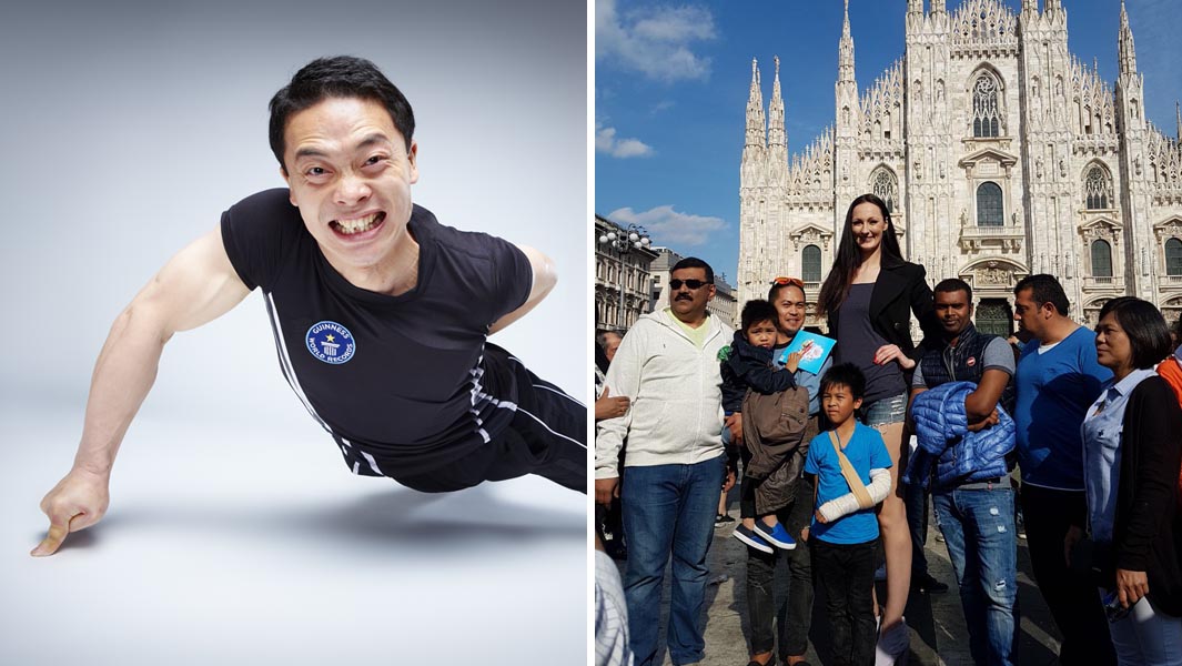 Collage image of the tallest model and the record holder for the most one finger push ups