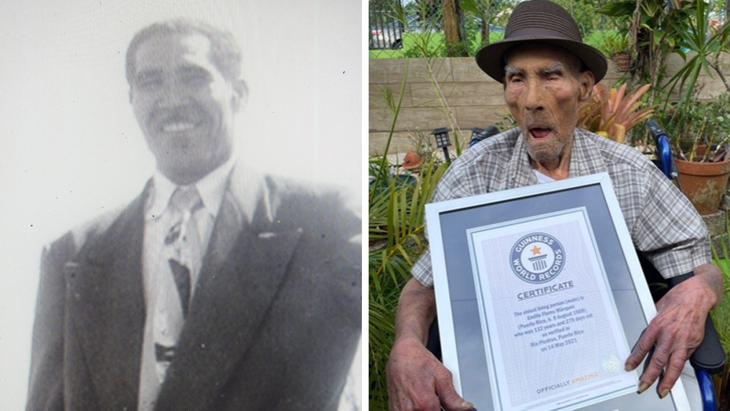 Emilio Florez Marquez Oldest Living Man black and white and current day with GWR certificate