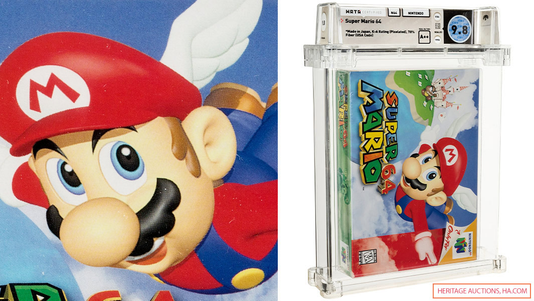 heritage auctions super mario close up of Mario and image of super mario 64 game