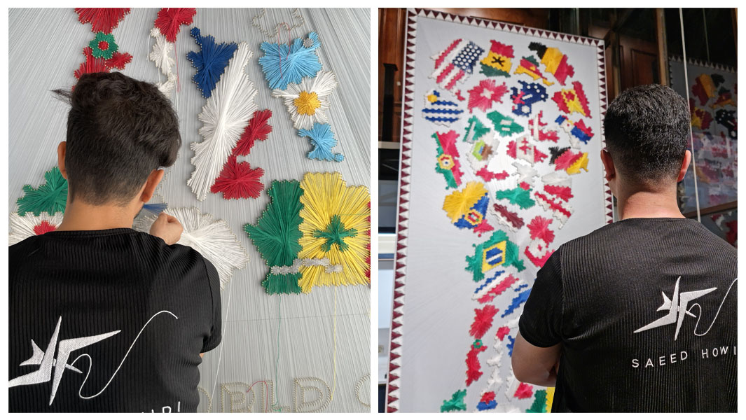 Split image during the making of the largest pin and thread art