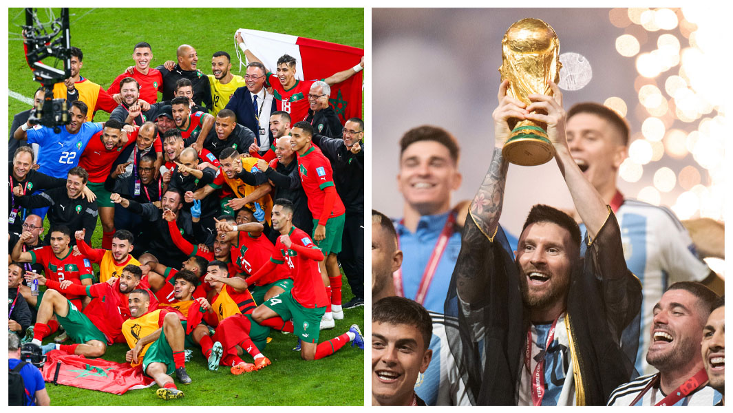 Split image featuring celebrations of the national teams of Morocco and Argentina