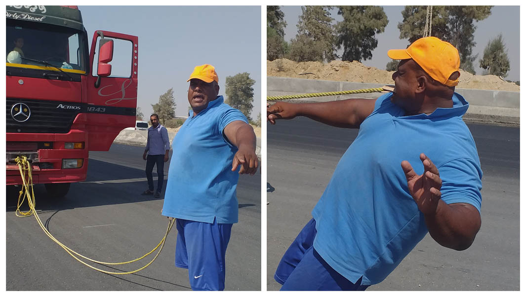 Collage images from the attempt for heaviest road vehicle pulled with teeth