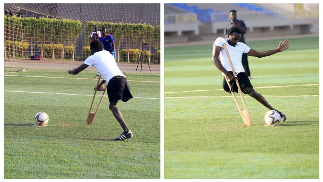 Collage images Ramdan Rahma while shooting football penalties in Sudan