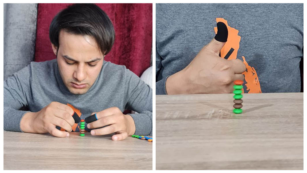 Collage of Ibrahim Sadeq balancing mm chocolates on top of each other