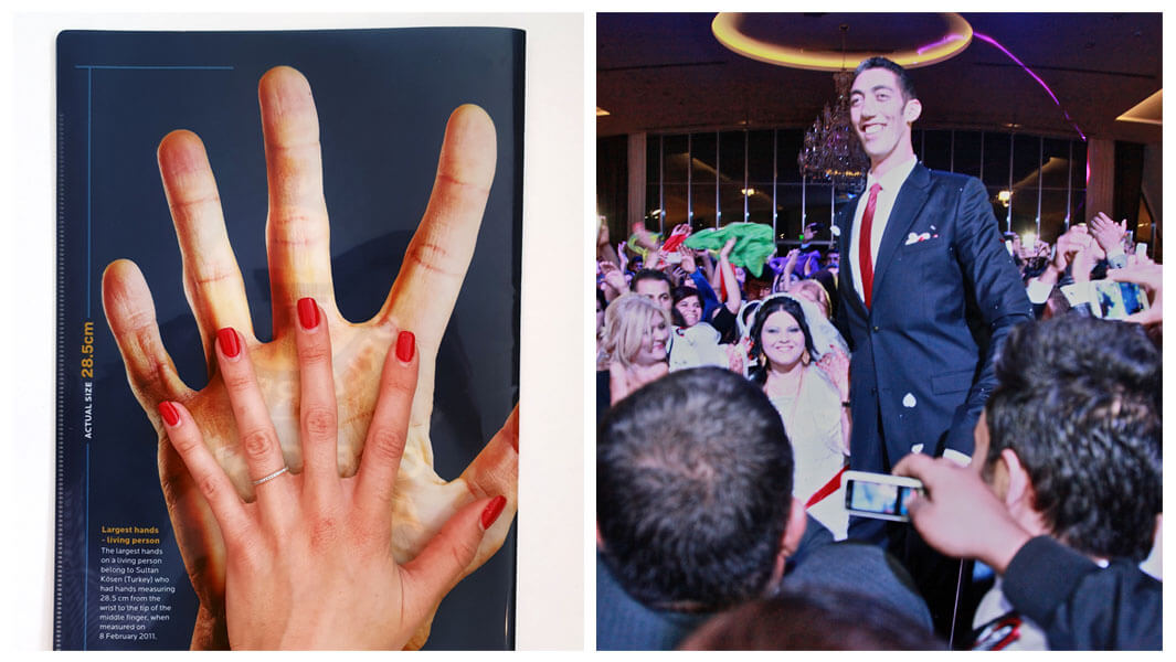 Collage image featuring the largest hands and tallest man