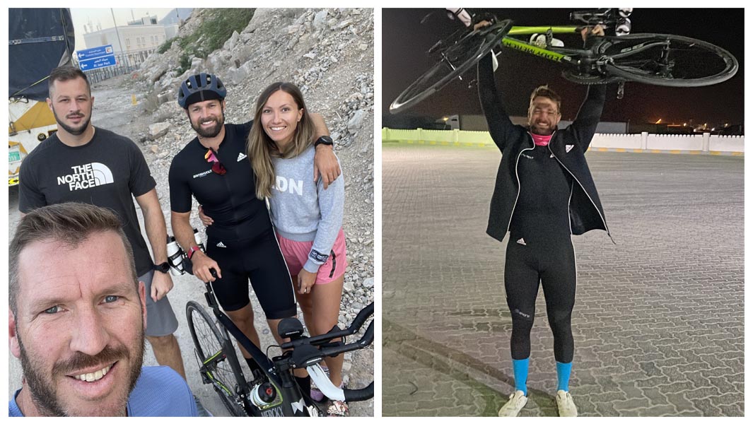 Collage images of Charles Parker after achieving the fastest Crossing of the UAE by Bicycle