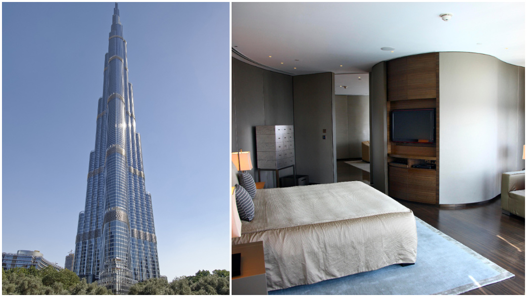 split image Burj Khalifa exterior and interior of a bedroom