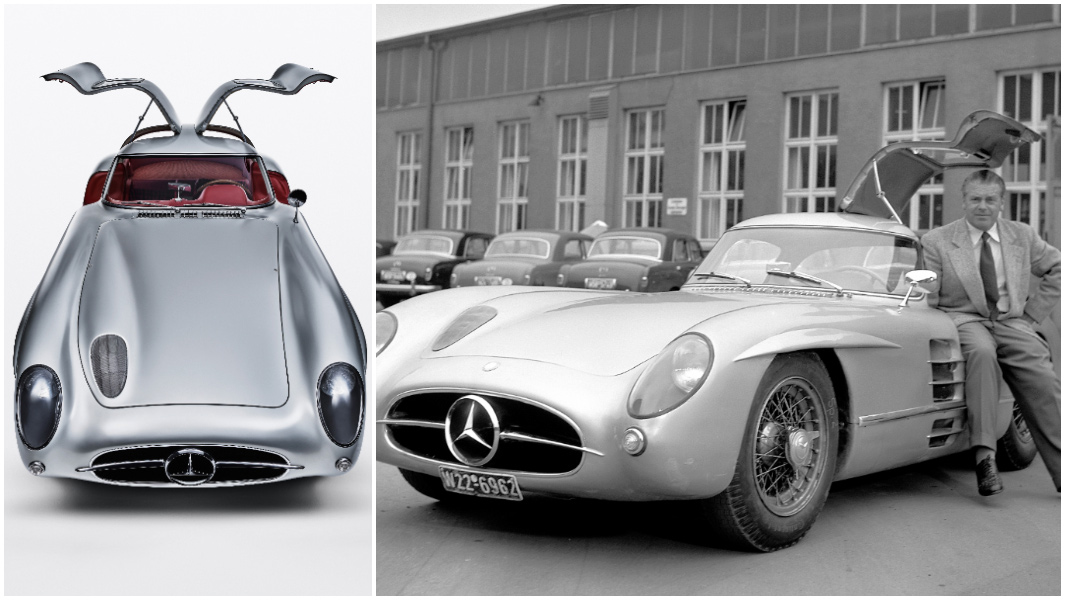split image Mercedes Uhlenhaut Coupe with gullwing doors raised and Rudolf Uhlenhaut sitting inside his coupe