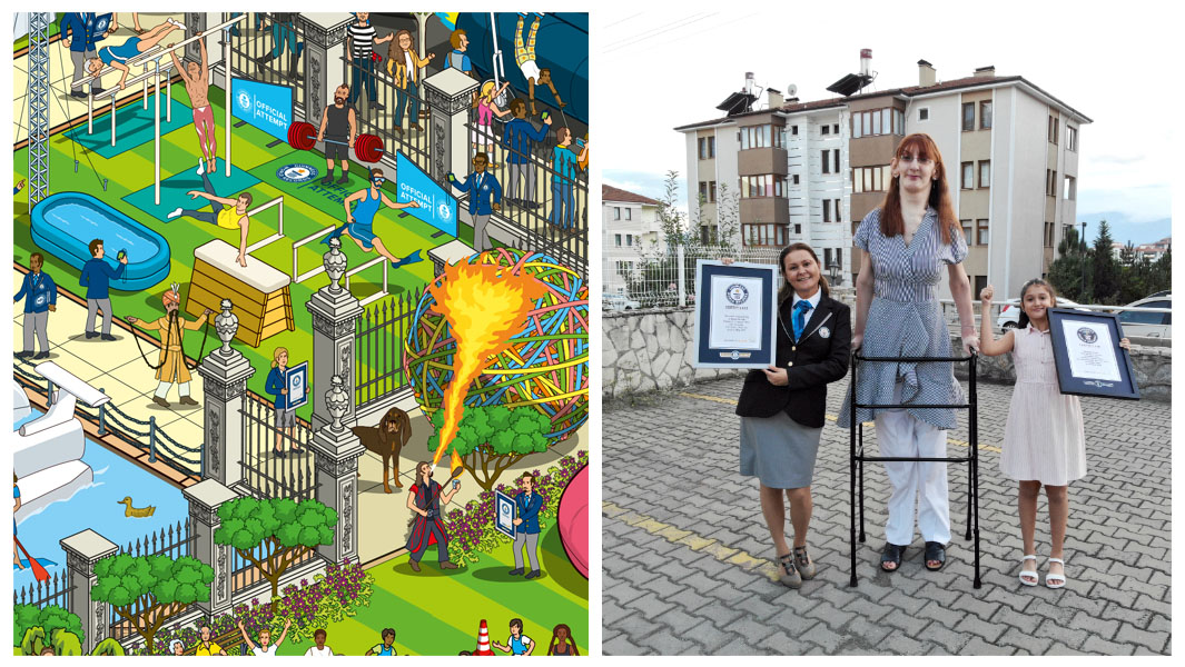 Split image showcasing record breaking illustrations and the tallest woman