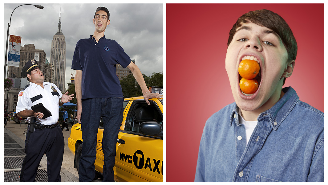 Split image showing the tallest man and the largest mouth gape