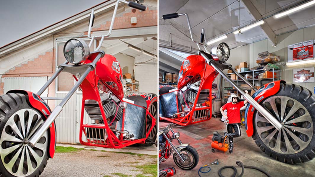 fabio regianni split image with tallest rideable motorcycle
