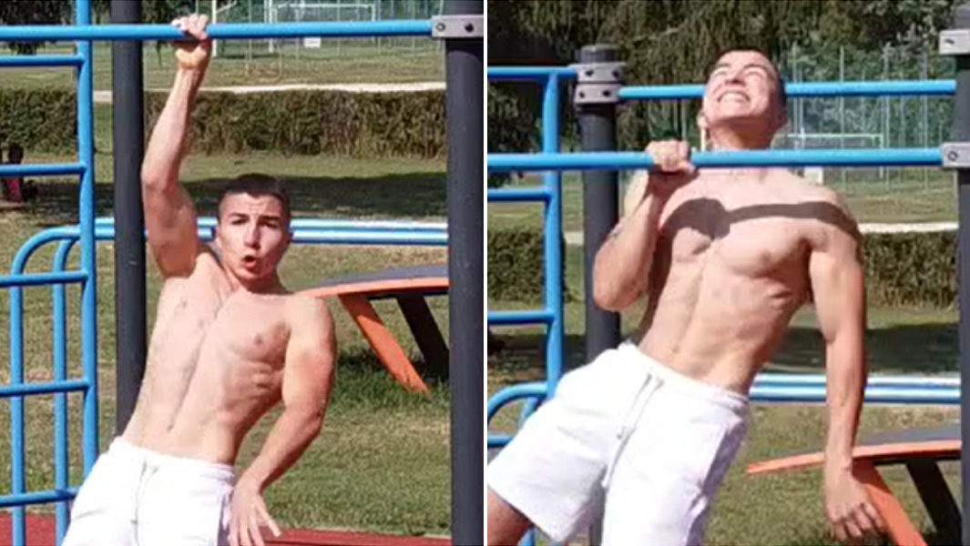 split image of Levente doing pull ups