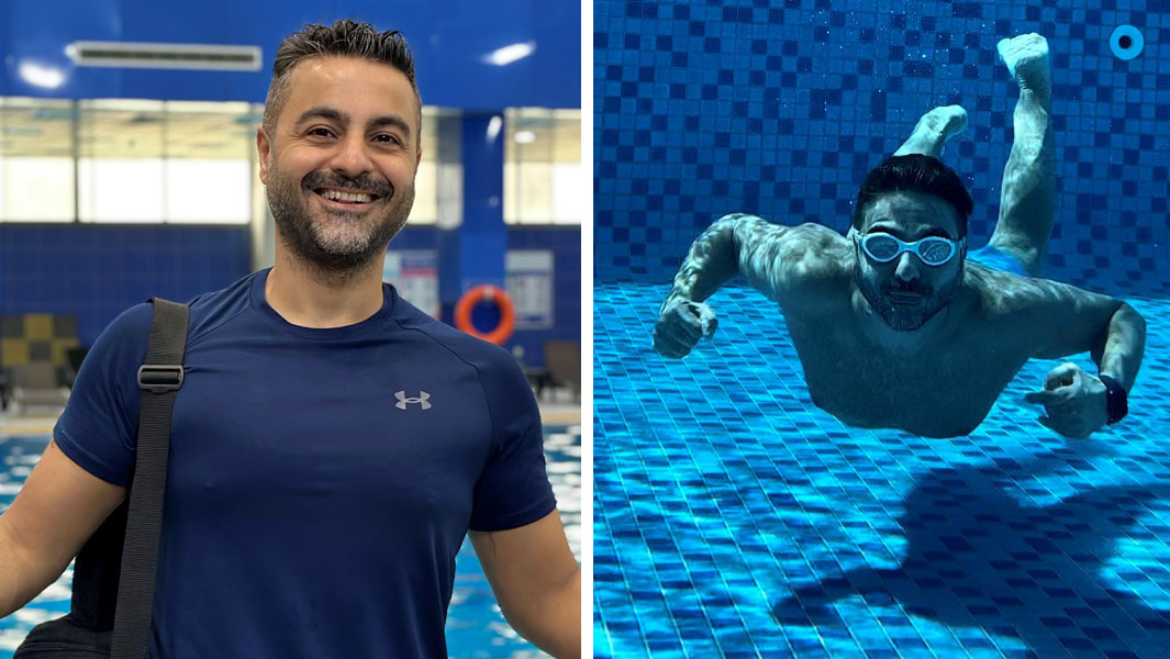 Split image showing Zeyad Al Azzawi inside and outside a swimming pool