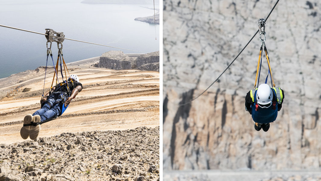 Split image of men using the longest zip wire over water in the world