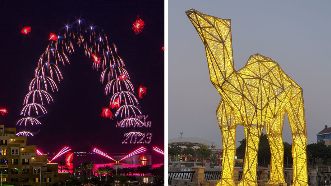 Split image show casing an LED sculpture of a camel and new year’s firework celebrations