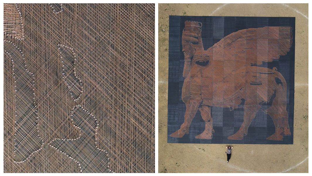 Split image showcasing a close up and wide shot of the largest wire art