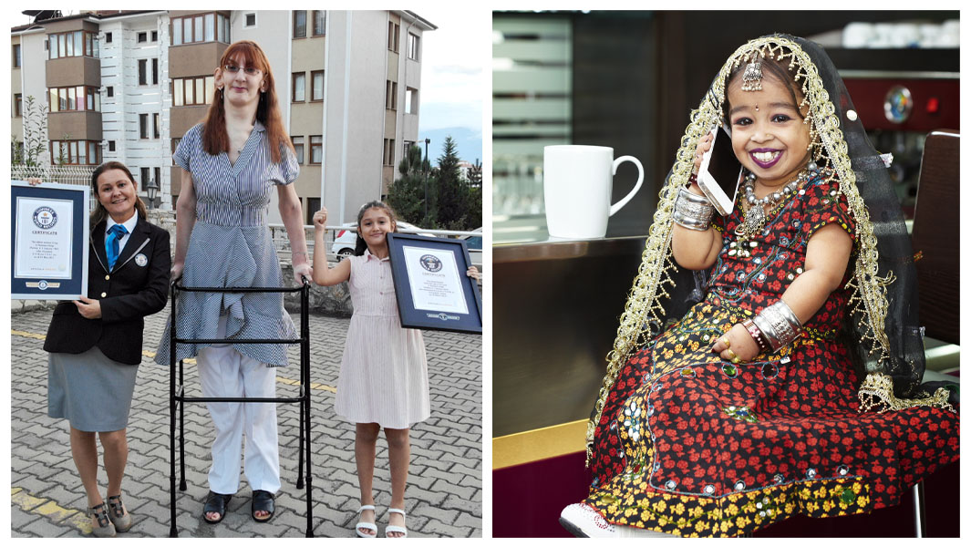 Split image of the tallest and shortest woman