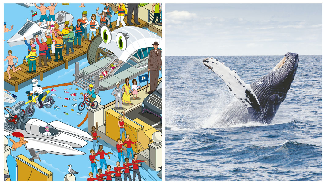 Split image show casing cartoon illustrations of record holders and the blue whale