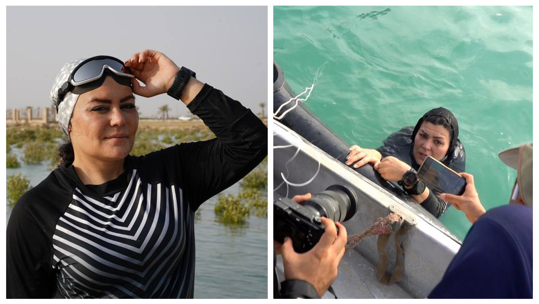 Split images of Elhamsadat Asghari before and during her swim in the ocean