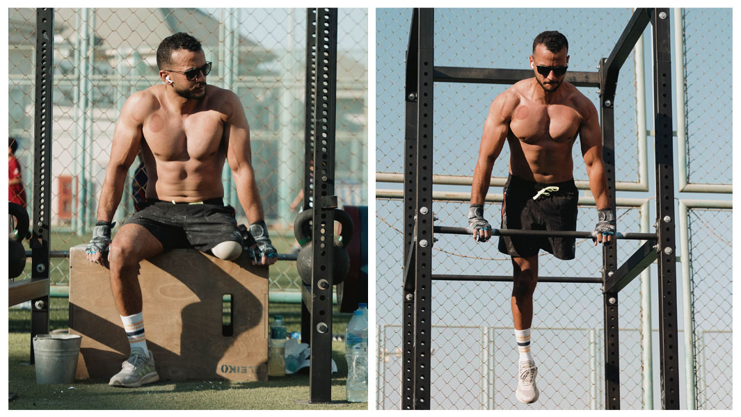 Split image of Omar Abdelkader while attempt the most muscle ups in one hour