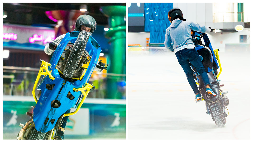 Split images of Mohammad Scotch while riding a motorcycle on ice