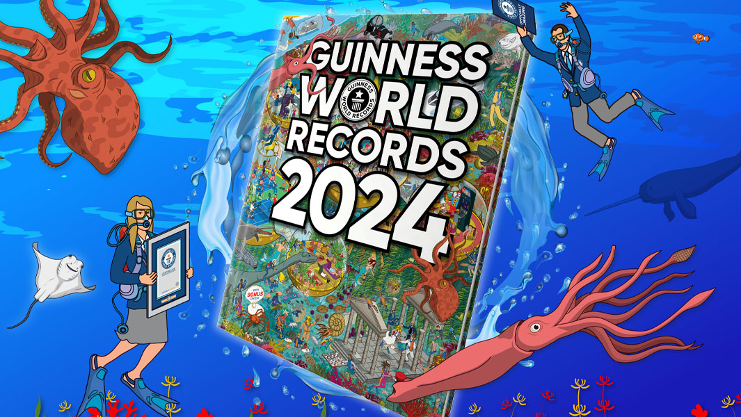 Split image featuring the GWR2024 book and Saudi men watching a drone show