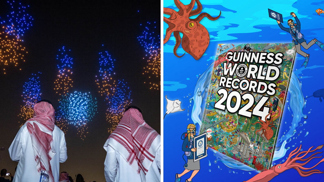 Split image featuring the GWR2024 book and Saudi men watching a drone show