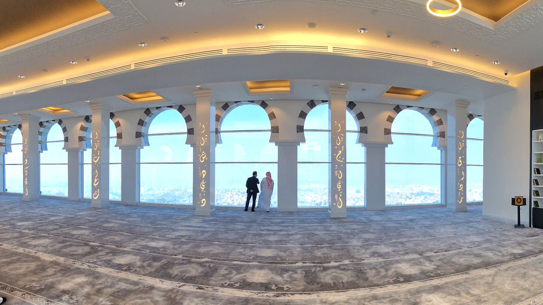 Panoramic interior picture of the highest prayer room within a skybridge