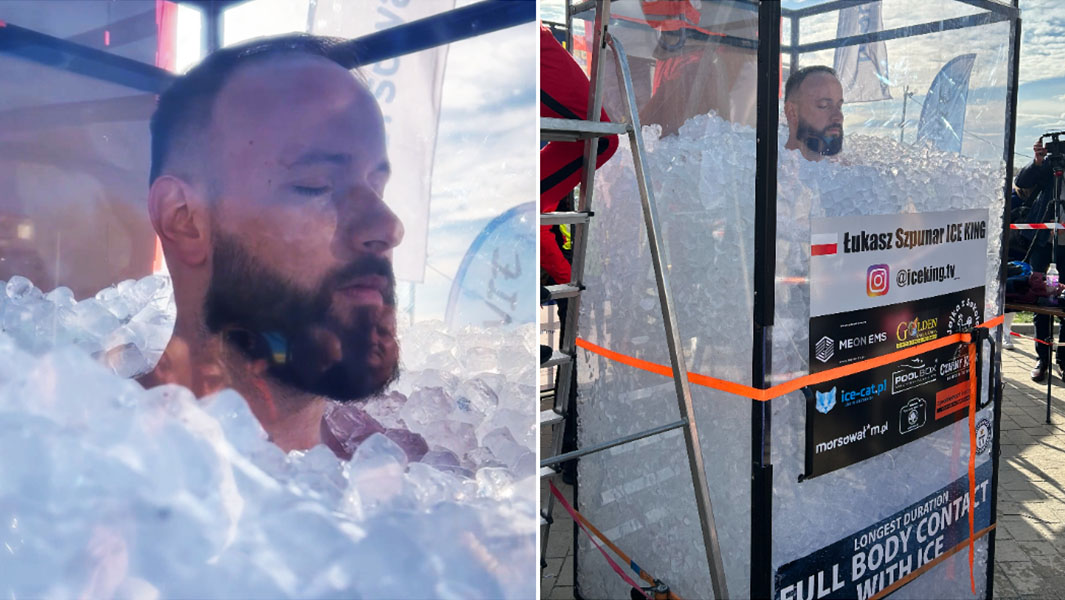 split image of Lukasz in ice box