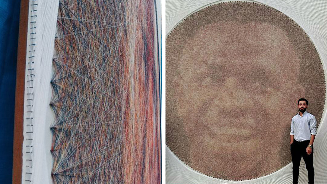 Split image of a closeup and wide shot of the largest pin and thread artwork