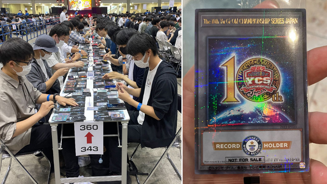 split image of yugioh players and yugioh special card
