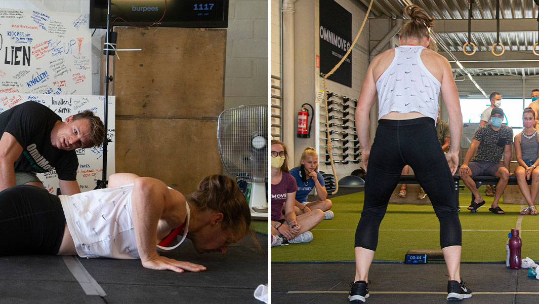 lien split up doing burpees as crowd watches