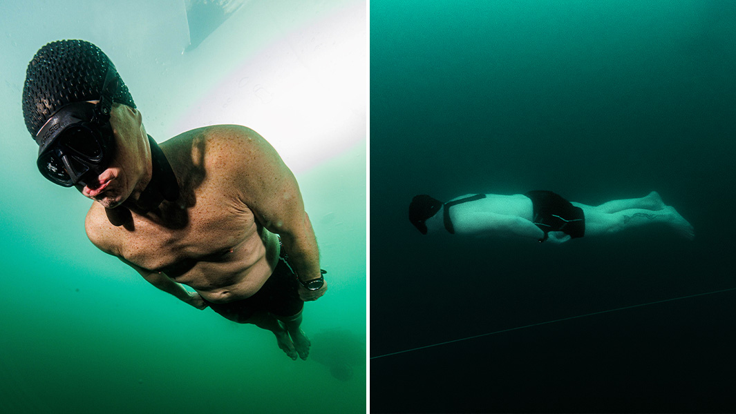 split image of peter colat swimming under ice