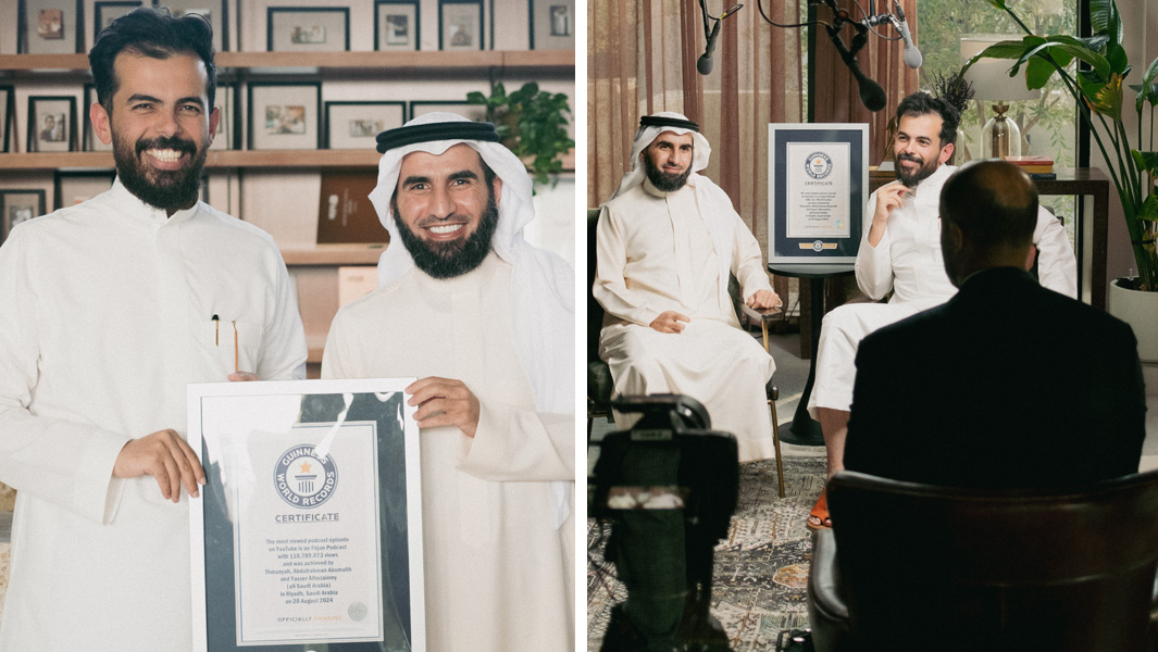 Split image of the certificate presentation for the most viewed podcase episode on Youtube