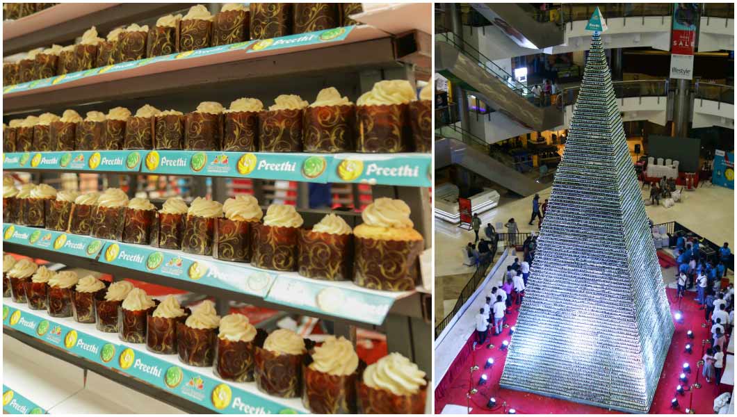 Split image showing the tallest tower of cupcakes and a close up of the cupcakes