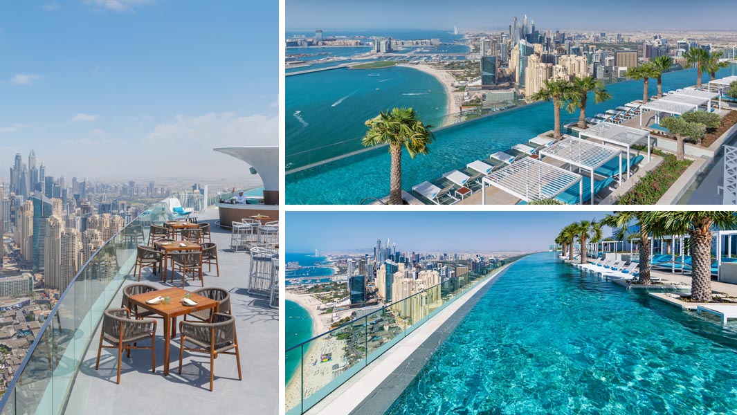 Collage images of the Address Beach Resort rooftop infinity pool