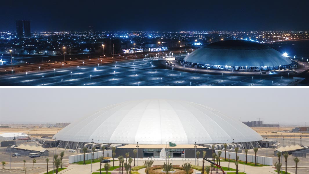Collage Day and night image of the Jeddah Superdome
