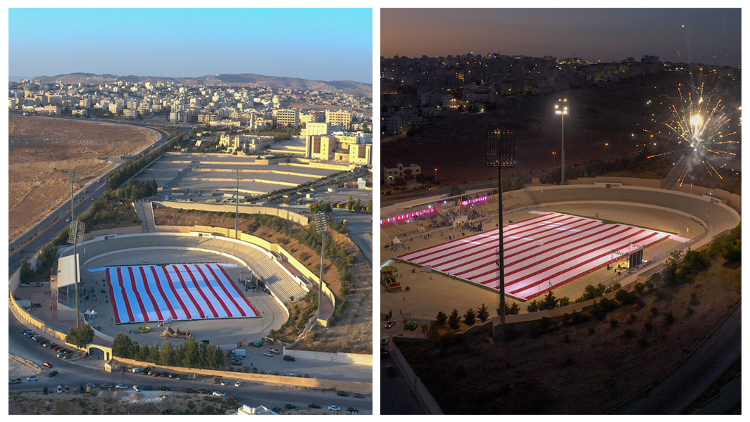 Split image of the largest t-shirt during day and night