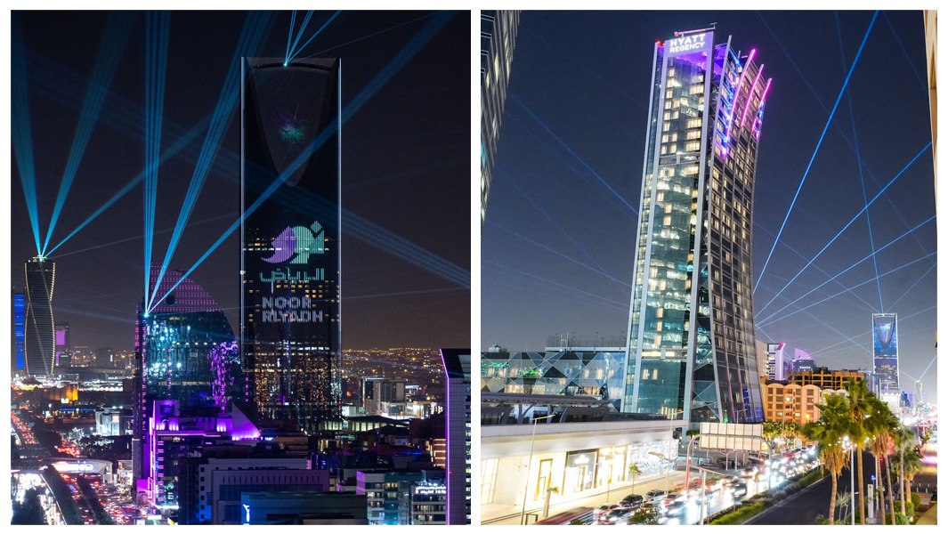 Split image showcasing towers surrounded by light and laser shows in Saudi Arabia