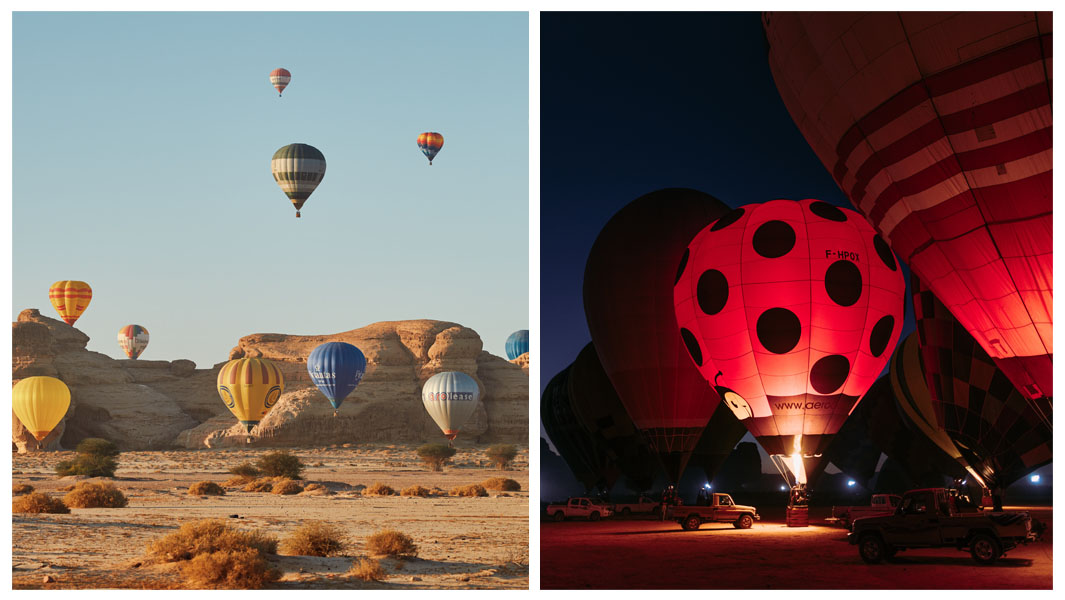 Hot air balloons during day and night in AlUla in Saudi Arabia