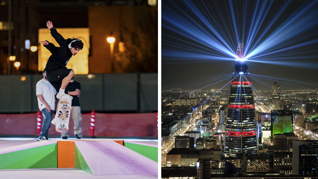Split image showcasing a man skating in a park and light beams coming out of a building