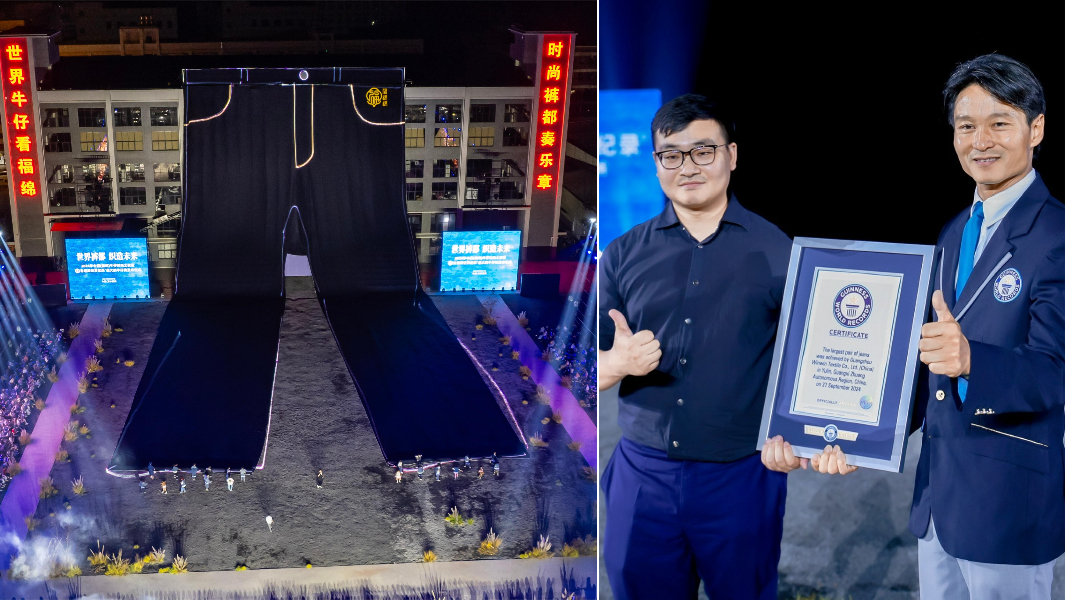 split image of largest pair of jeans with gwr certificate presentation