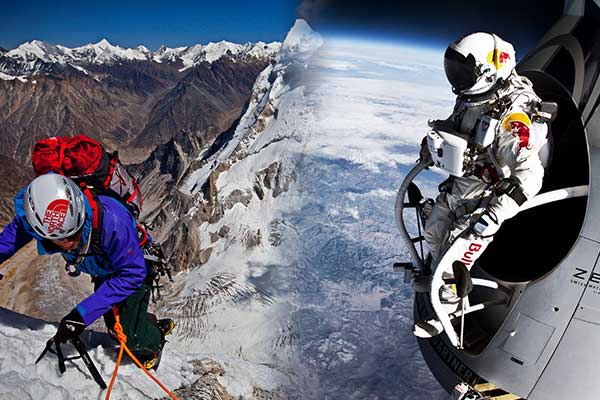 man mountain climbing and astronaut in space
